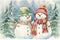 Watercolor postcard with happy couple of snowmen in a snowy forest. Cute Character