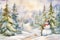 Watercolor postcard with snowmen in a snowy forest. Cute Character