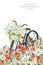 Watercolor postcard template with black bicycle and flower basket