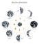 Watercolor poster of abstract moon phases. Hand painted gold and grey satellite isolated on white background
