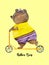 Watercolor poster with cute brown teddy bear riding on orange scooter on yellow background. Cartoon bear on the scooter. roller