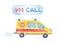 Watercolor Poster with racing yellow ambulance, cartoon style. Isolated illustration. 911 call.