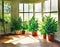 Watercolor of potted ferns placed around the floor of a sunlit sunroom