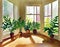 Watercolor of potted ferns placed around the floor of a sunlit sunroom