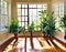 Watercolor of potted ferns placed around the floor of a sunlit sunroom