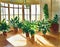 Watercolor of potted ferns placed around the floor of a sunlit sunroom