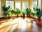 Watercolor of potted ferns placed around the floor of a sunlit sunroom