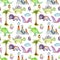 Watercolor prehistoric dinosaurs among volcanoes and palm trees seamless pattern