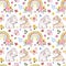 Watercolor pretty Easter rabbits and flowers seamless pattern.Hand drawn baby bunny, spring blooms on white background
