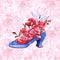 Watercolor Princess Shoe Illustration. Blue vintage shoes with pink ribbons and roses.