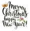 Watercolor print witn Merry Christmas and happy New Year lettering. Hand painted modern calligraphy card with bells and