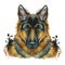 Watercolor printshop, print on the theme of the breed of dogs, mammals, animals, breed German shepherd, portrait, color red-black,
