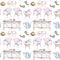 Watercolor provence. drawings in a seamless pattern. lavender, furniture, window