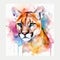 Watercolor Puma portrait, painted illustration of a wild cat on a blank background, Colorful splashes animal head, AI