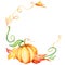 Watercolor pumpkin and autumn leaves wreath. Harvest composition. Happy Thanksgiving day. Hand drawn illustration