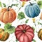 Watercolor pumpkin pattern. Hand painted pumpkin ornament with flower, leaves and branch isolated on white background