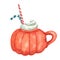 Watercolor pumpkin shaped mug of cappuccino decorated with striped straws.