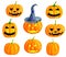 Watercolor pumpkins with carved scary faces isolated on white background. Hand drawn Halloween illustration for season