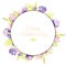 Watercolor purple spring flowers frame, hand painted on a white background