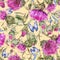 Watercolor purple thistle seamles pattern with blue butterflies, wild flowers, meadow herbs