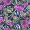 Watercolor purple thistle seamles pattern with blue butterflies, wild flowers, meadow herbs