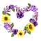Watercolor purple violet peonies rose yellow sunflower botanical blossom wedding ceremony heart wreath