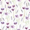 Watercolor purple wild flowers seamless pattern. Meadow flowers and floral poppy, chamomile for textile fabric, wrapping paper