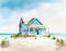 Watercolor of  of a quaint pastel beach house hiding in the seashore sand on a sunny summer vacation