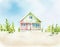 Watercolor of  of a quaint pastel beach house hiding in the seashore sand on a sunny summer vacation
