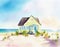 Watercolor of  of a quaint pastel beach house hiding in the seashore sand on a sunny summer vacation