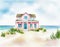 Watercolor of  of a quaint pastel beach house hiding in the seashore sand on a sunny summer vacation