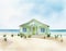 Watercolor of  of a quaint pastel beach house hiding in the seashore sand on a sunny summer vacation