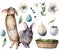 Watercolor rabbits and Easter symbols. Hand painted colored eggs, flowers and plants, decor. Holiday illustration
