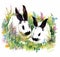 Watercolor rabbits in green grass vector illustration