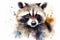 Watercolor raccoon portrait illustration on white background