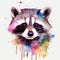 Watercolor Raccoon portrait, painted illustration of a cute raccoon on a blank background, Colorful splashes head, AI