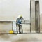 Watercolor of raccoon worker at construction site building large house with cement and
