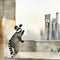 Watercolor of raccoon worker at construction site building large house with cement and