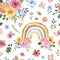 Watercolor rainbow seamless pattern. Hand painted cute colorful rainbows and spring flowers on white background. Botanical print