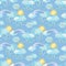 Watercolor rainy clouds, sun and rainbows background. Kids illustration. Seamless weather pattern.
