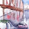 Watercolor rainy street car road outdoor landscape