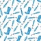 Watercolor rainy weather seamless pattern. Hand drawn blue rubber boots and umbrella isolated on white background. Illustration