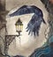 Watercolor raven flying over a lit lantern