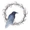 Watercolor raven on a wreath of bare branches