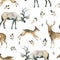 Watercolor realistic forest animal sketch. Seamles pattern about deer, stag, moose and leaves