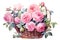 watercolor realistic painting basket of mix rose flower.