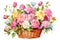 watercolor realistic painting basket of mix rose flower.