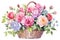 watercolor realistic painting basket of mix rose flower.