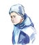 Watercolor realistic portrait of kid in blue tones. Boy wearing hat and anorak with an expression of cautious curiosity on his