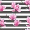 Watercolor realistic rose magnolia on striped background  pattern